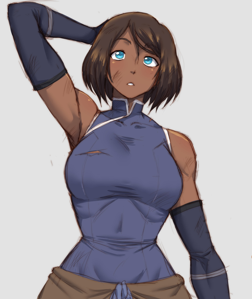 1girl absurdres arm_behind_head blue_eyes breasts commentary cowboy_shot dark-skinned_female dark_skin detached_sleeves english_commentary facing_viewer highres korra large_breasts short_hair simmsy simple_background teeth the_legend_of_zelda tomboy