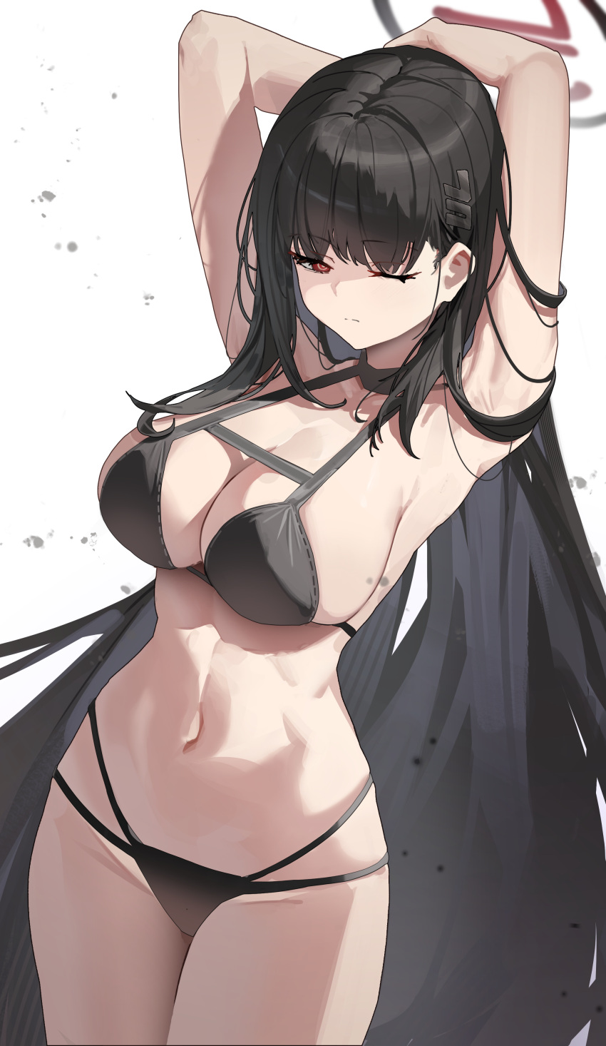 1girl absurdres armpits arms_behind_head bikini black_bikini black_hair black_halo blue_archive breasts commentary_request hair_ornament hairclip halo highres large_breasts long_hair looking_at_viewer maanu navel one_eye_closed red_eyes red_halo rio_(blue_archive) simple_background solo swimsuit two_tone_halo very_long_hair white_background