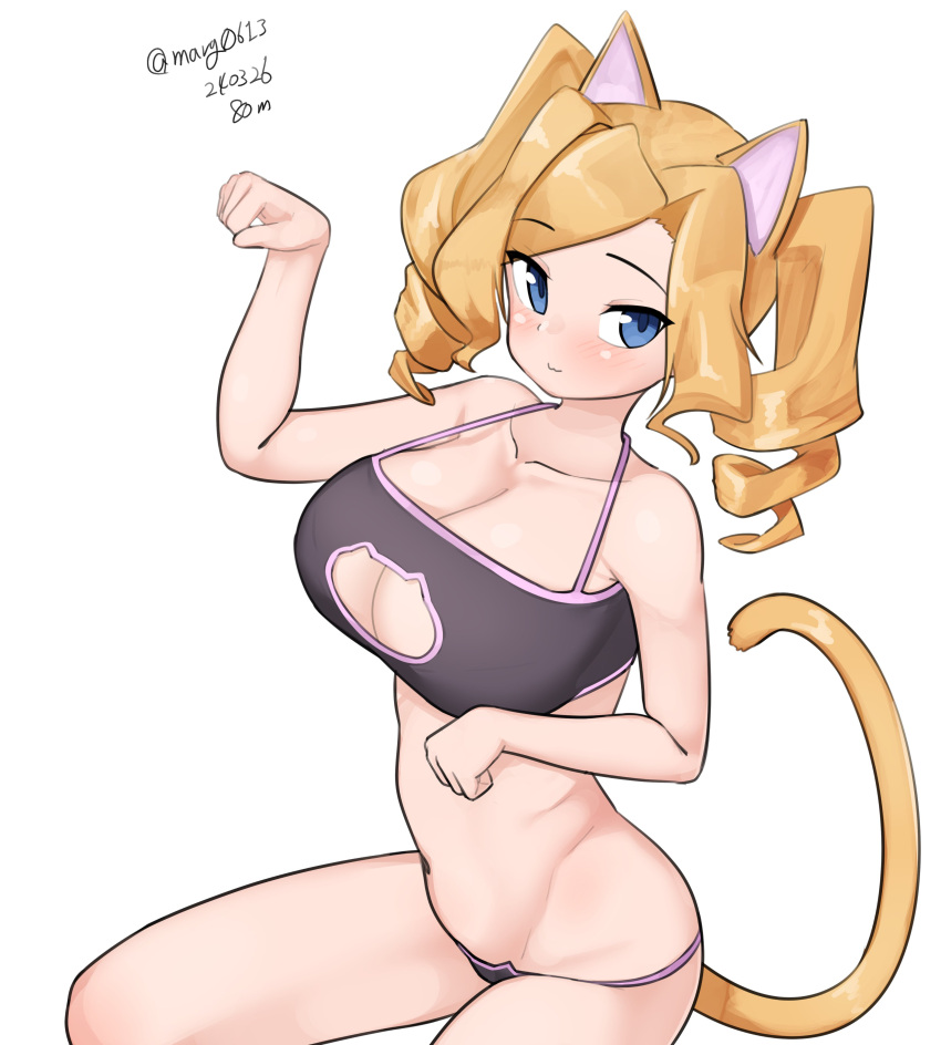 1girl absurdres animal_ears black_bra blonde_hair blue_eyes bra breasts cat_cutout cat_ear_panties cat_ears cat_lingerie cat_tail cleavage clothing_cutout collarbone dated drill_hair highres honolulu_(kancolle) kantai_collection large_breasts long_hair maru_(marg0613) meme_attire navel one-hour_drawing_challenge panties paw_pose simple_background solo tail twin_drills underwear white_background
