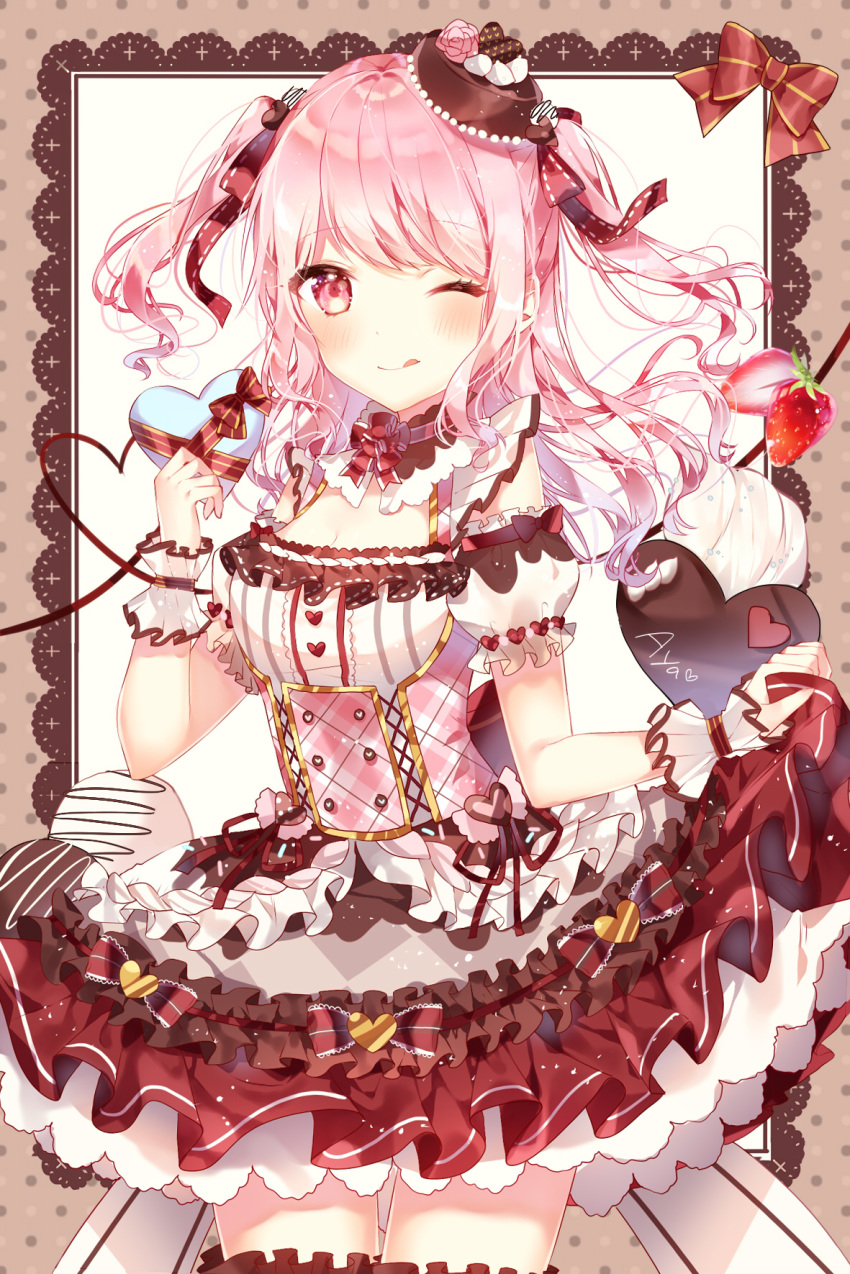 1girl ;q alternate_hairstyle bang_dream! bangs black_ribbon blush border bow breasts brown_bow cake_hat character_name chocolate cleavage corset detached_sleeves dress food frilled_dress frilled_sleeves frills fruit hair_ornament hair_ribbon heart highres holding_heart lolita_fashion long_hair looking_at_viewer maruyama_aya one_eye_closed pink_eyes pink_hair ribbon short_sleeves skirt_hold smile solo strawberry striped striped_bow striped_ribbon taya_5323203 tongue tongue_out two_side_up valentine wrist_cuffs