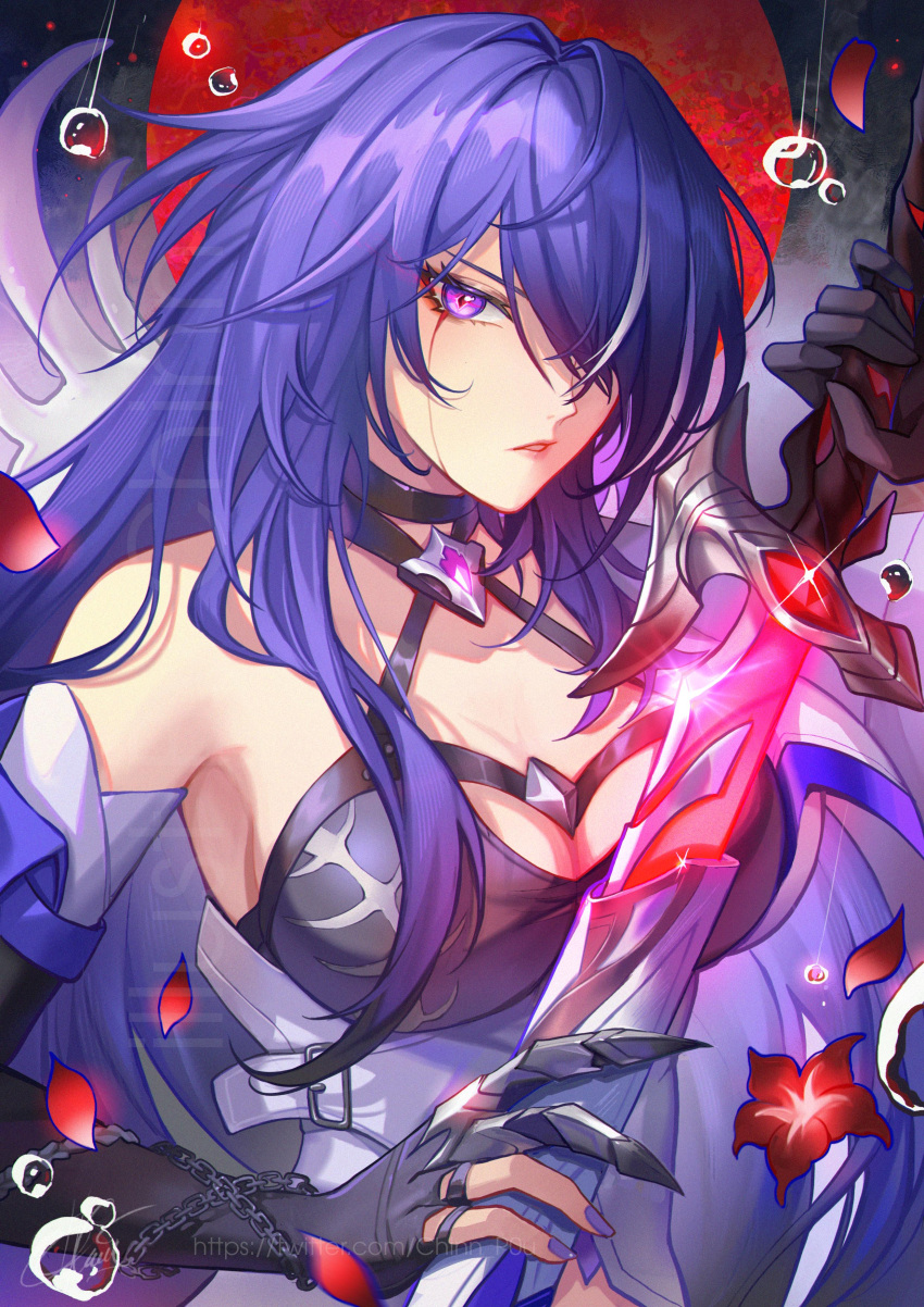 1girl absurdres acheron_(honkai:_star_rail) black_choker black_gloves breasts chain chinnpou choker cleavage commentary criss-cross_halter gloves hair_over_one_eye halterneck highres holding holding_sword holding_weapon honkai:_star_rail honkai_(series) katana long_hair looking_at_viewer nail_polish parted_lips purple_eyes purple_hair purple_nails scabbard sheath single_bare_shoulder solo sword unsheathing upper_body very_long_hair weapon