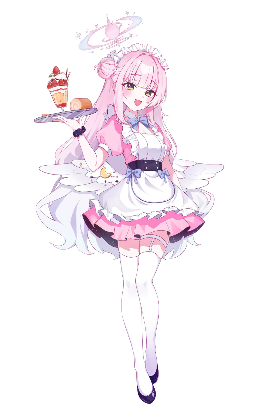 1girl absurdres alternate_costume apron black_footwear blue_archive blush breasts cake cleavage crescent crescent_pin doongdang enmaided feathered_wings food frilled_apron frills hair_bun halo highres holding holding_tray long_hair maid maid_headdress medium_breasts mika_(blue_archive) open_mouth pink_hair pink_halo shoes simple_background single_side_bun smile solo swiss_roll thighhighs tray white_apron white_background white_thighhighs white_wings wings yellow_eyes
