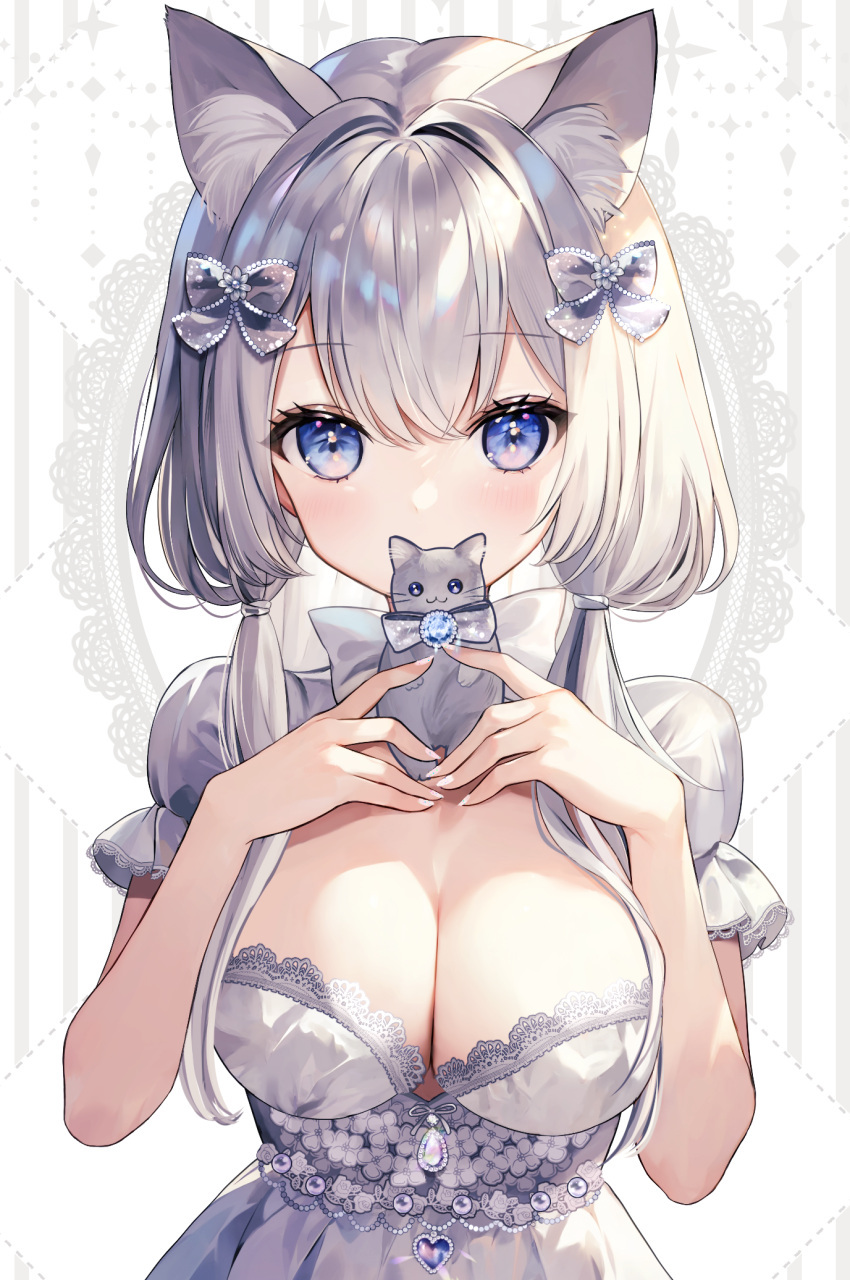 1girl animal_ears aria_(ariacue) blue_eyes bow breasts cat_ears dress grey_dress grey_hair hair_bow highres large_breasts long_hair looking_at_viewer original puffy_short_sleeves puffy_sleeves short_sleeves solo
