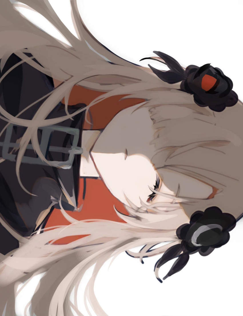 black_coat black_flower closed_eyes coat expressionless facing_viewer flower grey_hair hair_flower hair_ornament hair_over_one_eye highres isekai_joucho kamitsubaki_studio long_hair one_eye_covered parted_lips sideways simple_background sketch toke_ino upper_body virtual_youtuber white_background zipper_pull_tab