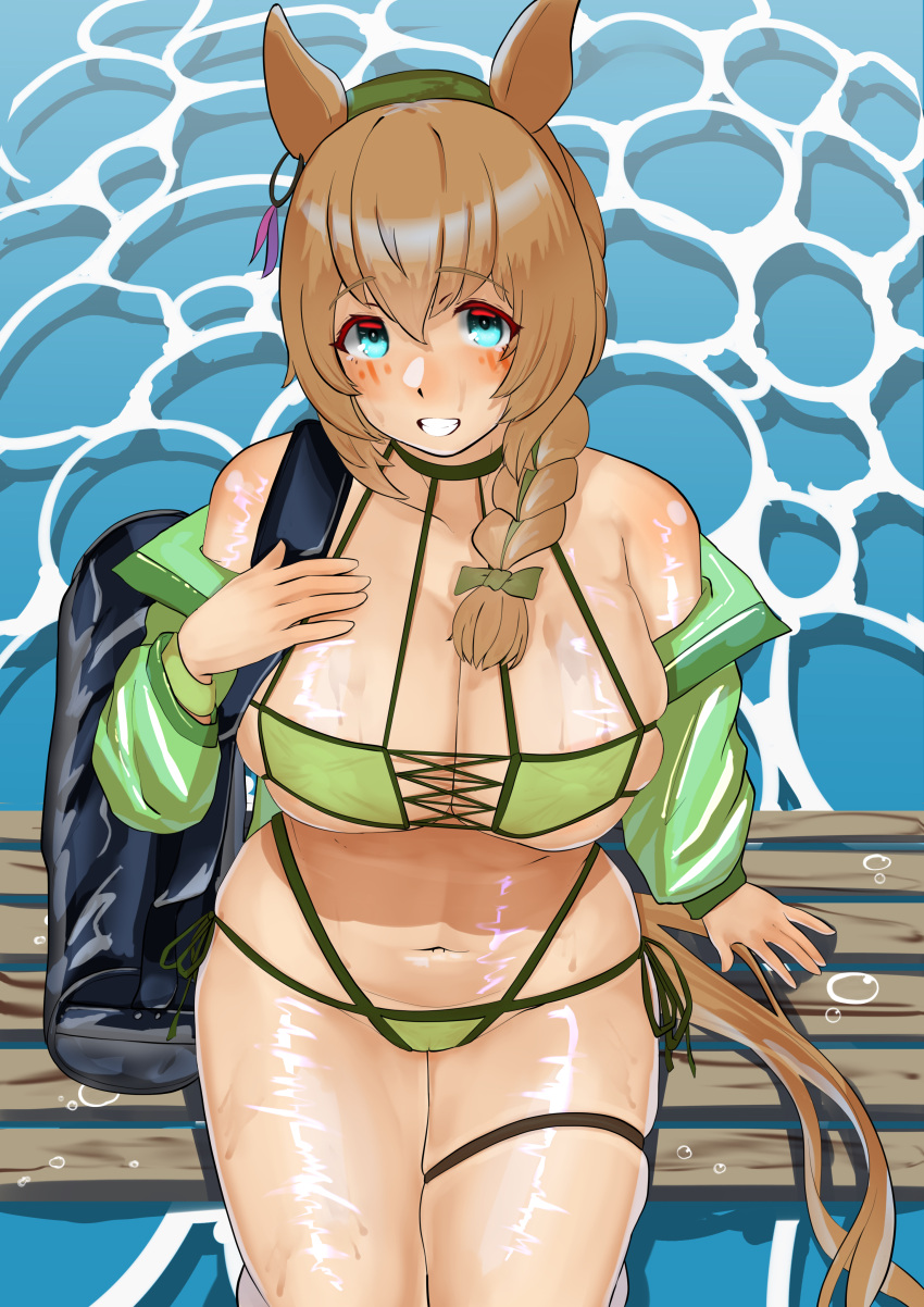 1girl absurdres alternate_costume animal_ears bag bare_shoulders bikini black_bag blue_eyes braid braided_ponytail breasts brown_hair cleavage commentary_request cowboy_shot cropped_jacket earrings green_bikini green_jacket grin hair_between_eyes handbag highres horse_ears horse_girl horse_tail jacket jewelry large_breasts long_hair navel open_clothes open_jacket partially_submerged single_earring sitting smile solo swimsuit taiki_shuttle_(umamusume) tail tatsu_san thigh_strap umamusume water wet