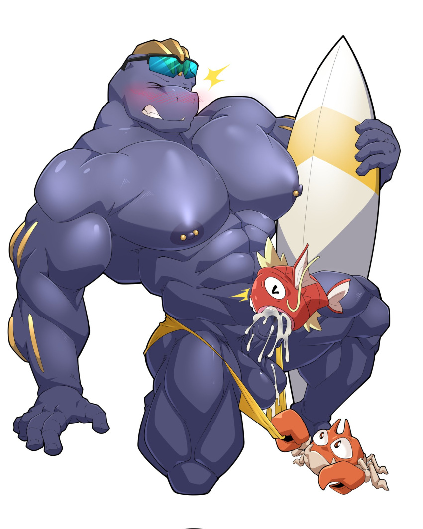 abs arthropod balls biceps bodily_fluids crab crustacean cum cum_in_mouth cum_inside decapoda ejaculation eyewear eyewear_on_head fangs fish generation_1_pokemon genital_fluids genitals hi_res humanoid krabby machoke magikarp malacostracan maldu male marine muscular muscular_humanoid muscular_male muscular_thighs nintendo nipple_piercing nipples oral pecs penis piercing pokemon pokemon_(species) ryuji_kaiyo sunglasses sunglasses_on_head surfboard teeth vein veiny_penis