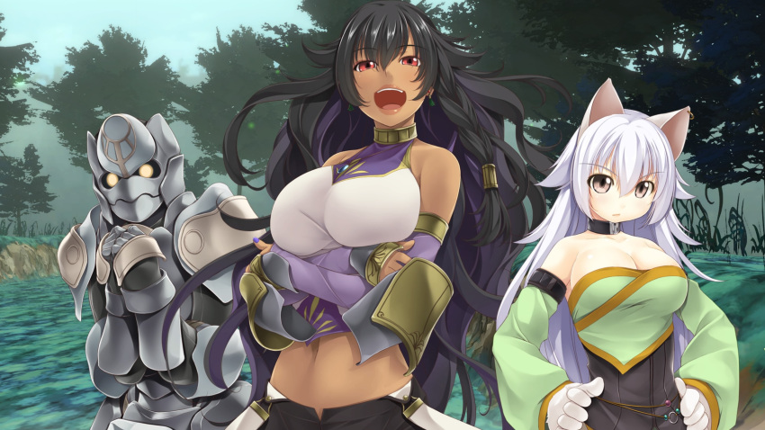 3girls absurdres animal_ears animal_hands armor armored_skirt atelier-moo bare_shoulders black_hair breasts cat_ears cat_girl cleavage closed_mouth collar covered_face covering_face cowboy_shot crop_top dark-skinned_female dark_skin detached_sleeves felin full_armor gloves hair_between_eyes hands_on_own_hips helm helmet highres large_breasts lipstick long_hair looking_at_viewer makeup malicia multiple_girls narrow_waist navel open_mouth paw_gloves piercing plate_armor red_eyes short_shorts shorts shoulder_armor smile standing therese_(wizards_symphony) very_long_hair wavy_hair white_hair wizards_symphony yellow_eyes