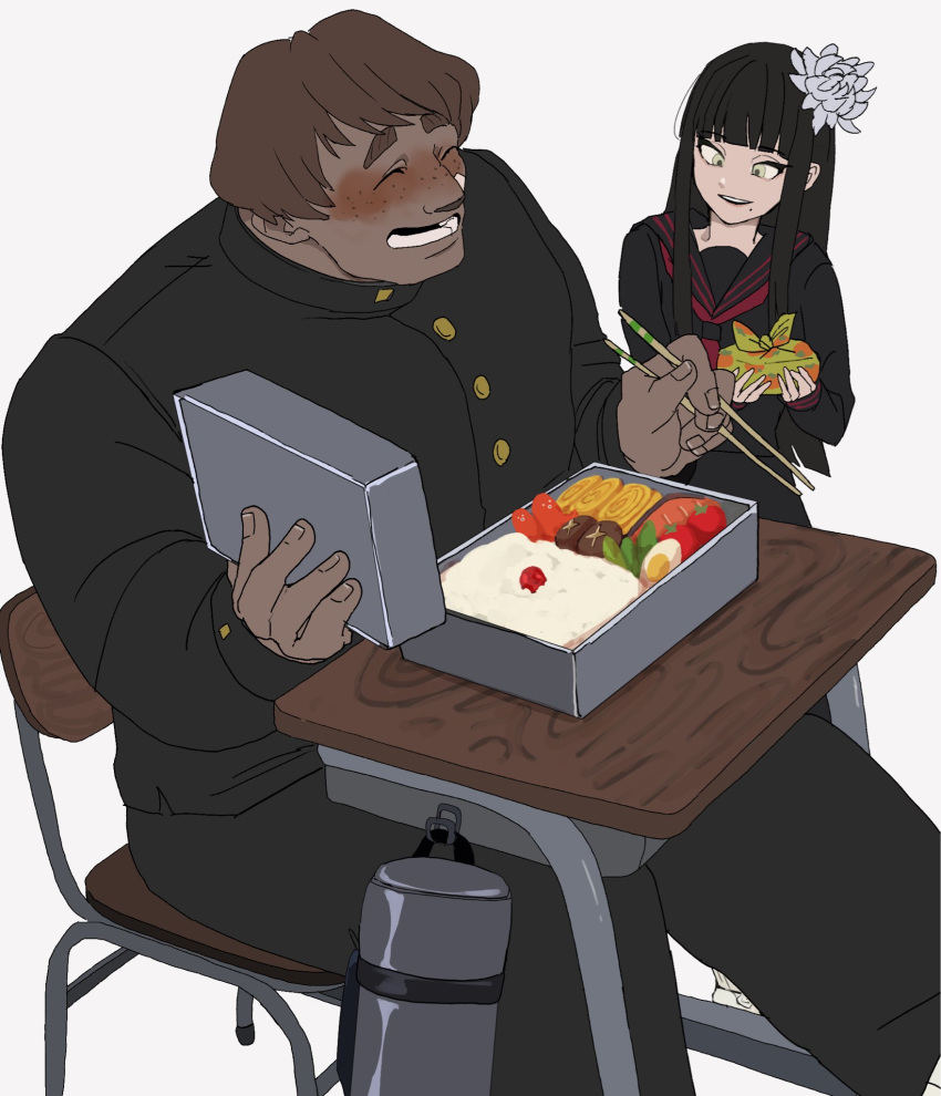 1boy 1girl :d ^_^ bandaid bandaid_on_cheek bandaid_on_face bento black_hair black_jacket black_pants blunt_bangs blush brown_hair buttons chair chopsticks closed_eyes contemporary desk feet_out_of_frame final_fantasy final_fantasy_xiv flower food food_art freckles gakuran glaa_da green_eyes grynewaht_pyr_arvina hair_flower hair_ornament highres holding holding_chopsticks holding_food hyur jacket long_hair lunchbox mole mole_under_mouth official_alternate_costume omelet on_chair open_mouth pants roegadyn sailor_collar school_chair school_desk school_uniform serafuku short_hair sidelocks simple_background sitting smile standing straight_hair tako-san_wiener tall_male tamagoyaki tomato white_background white_flower yotsuyu_goe_brutus