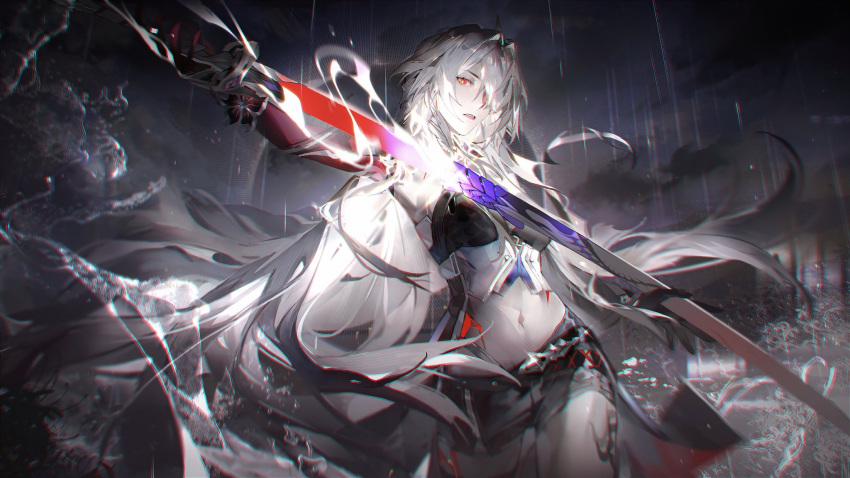 1girl acheron_(honkai:_star_rail) asymmetrical_footwear black_choker black_gloves black_shorts breasts choker cleavage coat coattails detached_sleeves gloves hair_over_one_eye highres holding holding_sword holding_weapon honkai:_star_rail honkai_(series) leg_tattoo llmia4 long_hair looking_at_viewer midriff navel rain red_eyes sheath short_shorts shorts single_bare_shoulder solo stomach sword tattoo unsheathing weapon white_coat white_hair