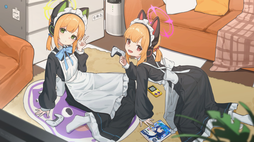 2girls absurdres animal_ear_headphones animal_ears apron black_dress blonde_hair blue_archive blush chinese_commentary chiyo_akira closed_mouth controller dated dress fake_animal_ears game_boy game_controller green_eyes green_halo halo handheld_game_console headphones highres holding holding_controller holding_game_controller indoors long_sleeves magazine_(object) maid maid_headdress midori_(blue_archive) midori_(maid)_(blue_archive) momoi_(blue_archive) momoi_(maid)_(blue_archive) multiple_girls open_mouth pantyhose pink_halo red_eyes short_hair siblings signature sisters smile twins white_apron white_pantyhose