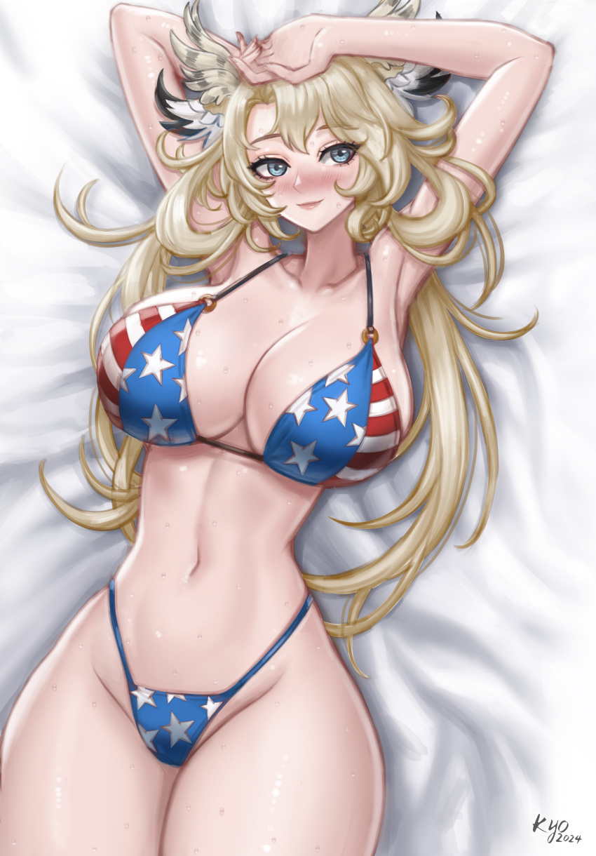 1girl 2024 absurdres american_flag_bikini arm_behind_head bikini blonde_hair blush breasts cleavage closed_mouth collarbone eien_project flag_print grey_eyes head_wings highleg highleg_bikini highres kyopink large_breasts lips long_hair lying multicolored_bikini multicolored_clothes navel on_back second-party_source signature skye_shinryu solo star_(symbol) star_print sweat swimsuit virtual_youtuber wings