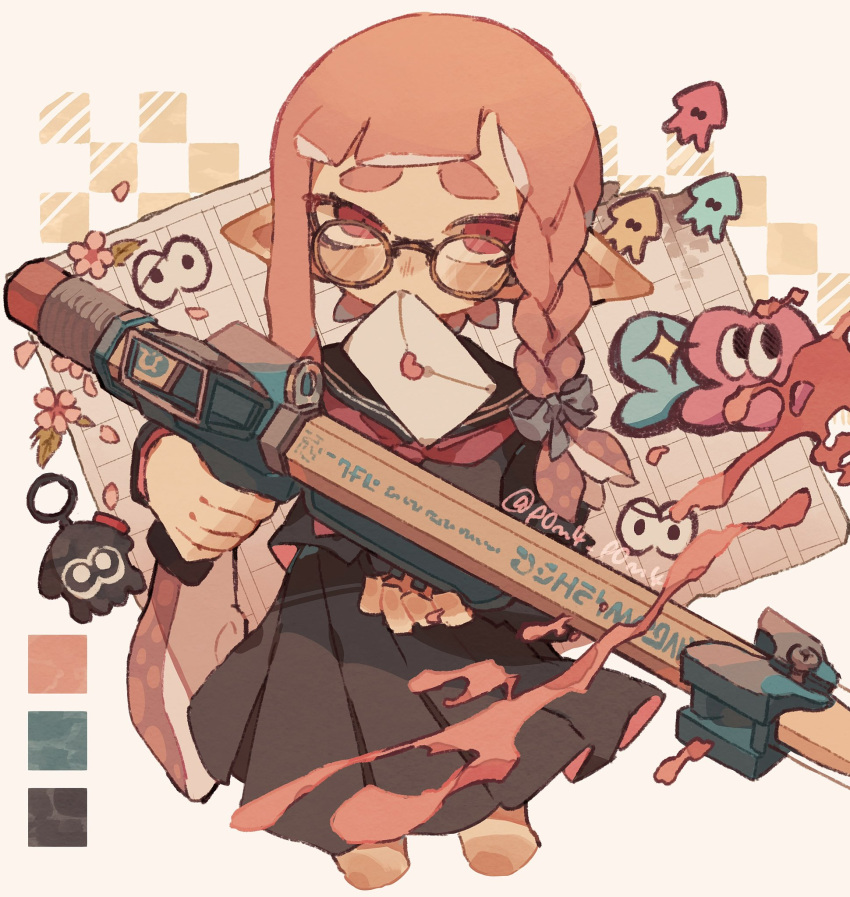 1girl asymmetrical_hair black_bow black_sailor_collar black_serafuku black_shirt black_skirt blush bow braid commentary cropped_legs flower furrowed_brow glasses hair_bow highres holding holding_weapon inkling inkling_girl inkling_player_character long_hair long_sleeves looking_to_the_side love_letter mouth_hold neckerchief p0m4_p0m4 pink_eyes pink_flower pink_hair pleated_skirt pointy_ears red_neckerchief round_eyewear sailor_collar school_uniform serafuku shirt single_braid skirt snipewriter_(splatoon) solo splatoon_(series) splatoon_3 symbol-only_commentary tentacle_hair thick_eyebrows twitter_username very_long_hair weapon white_background yellow-framed_eyewear