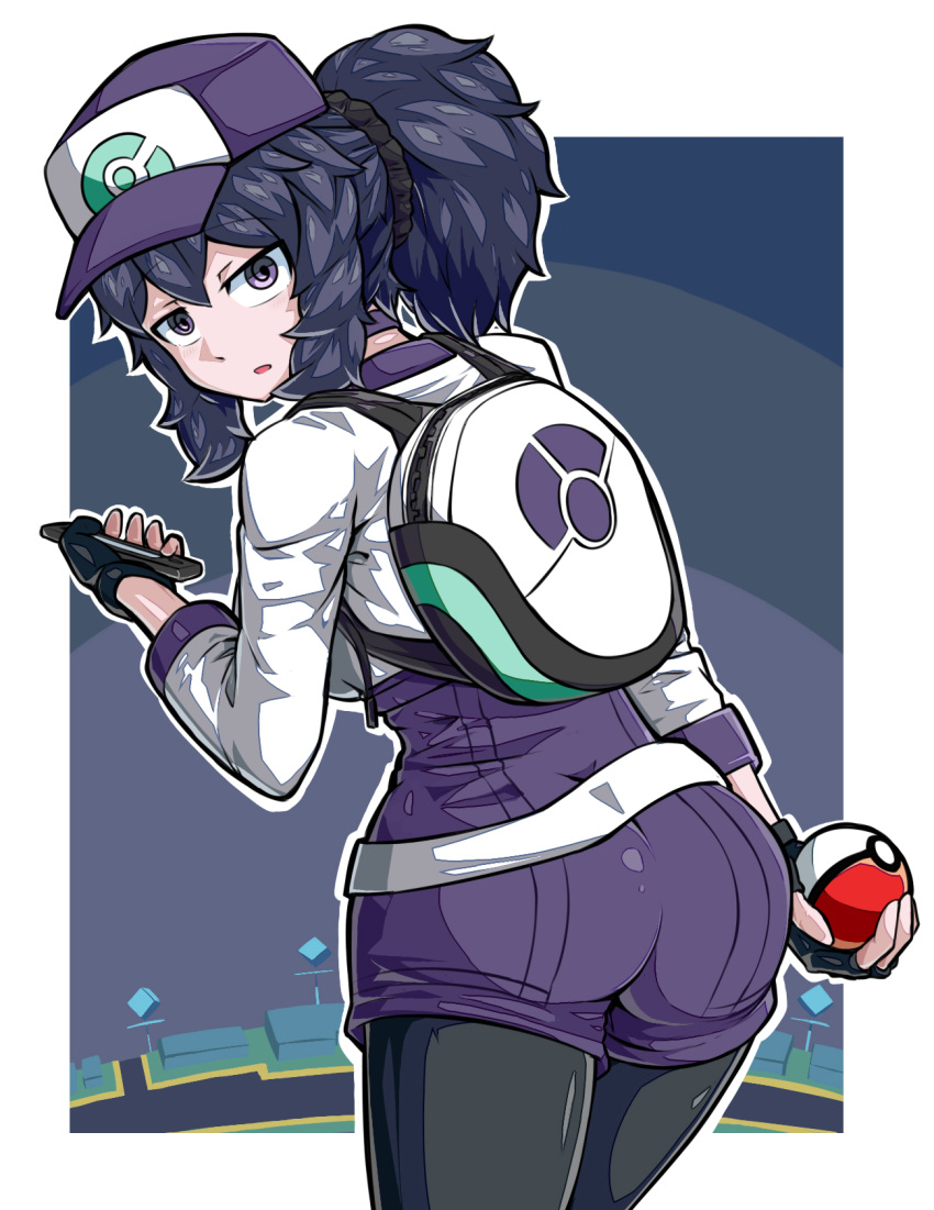 1girl al_bhed_eyes arm_at_side ass backpack bag baseball_cap belt black_hair black_legwear cellphone choker cosplay creatures_(company) cropped_jacket eyebrows_visible_through_hair female_protagonist_(pokemon_go) female_protagonist_(pokemon_go)_(cosplay) fingerless_gloves from_behind game_freak gloves hair_ornament hair_scrunchie hand_up hat hex_maniac_(pokemon) highres holding holding_phone holding_poke_ball jacket leggings long_hair long_sleeves looking_at_viewer looking_back nintendo parted_lips phone poke_ball poke_ball_(generic) pokemon pokemon_(game) pokemon_go pokemon_xy ponytail purple_eyes scrunchie short_jumpsuit smartphone solo suzusiigasuki upper_body walking