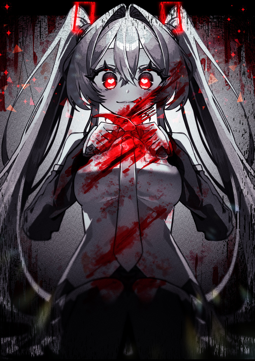1girl :p absurdres aduma_tobari binomi_(vocaloid) blood commentary cowboy_shot detached_sleeves fork from_below gradient_background grey_background hatsune_miku heart heart-shaped_pupils highres holding holding_fork holding_knife knife looking_at_viewer looking_down mixed-language_commentary red_eyes smile solo spot_color switchblade symbol-shaped_pupils tongue tongue_out twintails vocaloid yandere