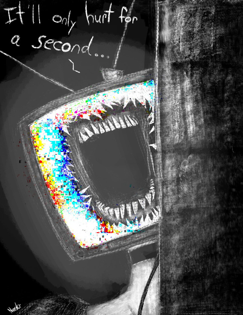absurd_res big_mouth_(anatomy) cc-by-nc-nd choker clothed clothing creative_commons dialogue digital_drawing_(artwork) digital_media_(artwork) electronics english_text eyeless female_(lore) for_a_head front_view glitch hi_res horror_(theme) humanoid imminent_death jewelry looking_at_viewer necklace nightmare_fuel not_furry object_head open_mouth screen screen_face screen_head signature solo tabitha_(ultraneeks) talking_to_viewer teeth television text topwear tv_head ultraneeks