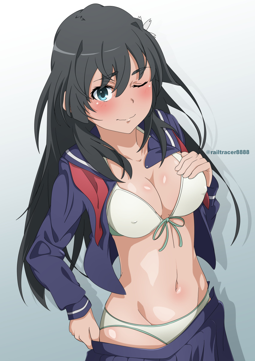 1girl absurdres bikini black_hair blue_background blue_sailor_collar blue_serafuku blue_shirt blue_skirt breasts cleavage cowboy_shot front-tie_bikini_top front-tie_top green_eyes hat highres long_hair medium_breasts neckerchief one_eye_closed open_clothes open_shirt railtracer8888 red_neckerchief sailor_collar sailor_hat sakugawa_school_uniform saten_ruiko school_uniform serafuku shirt skirt solo swimsuit toaru_kagaku_no_railgun toaru_majutsu_no_index undone_neckerchief undressing white_bikini winter_uniform