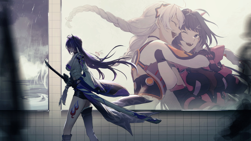 3girls acheron_(honkai:_star_rail) ahoge asymmetrical_footwear bare_shoulders black_choker black_gloves black_shorts braid breasts character_request choker cleavage coat gloves hair_ornament hair_over_one_eye highres holding honkai:_star_rail honkai_(series) honkai_impact_3rd kiana_kaslana kiana_kaslana_(herrscher_of_the_void) large_breasts leg_tattoo long_hair midriff mihoyo multicolored_hair multiple_girls namahamu913 navel open_mouth purple_hair scabbard sheath shorts single_bare_shoulder smile starfish_hair_ornament stomach streaked_hair tattoo twin_braids very_long_hair white_coat white_hair yuri