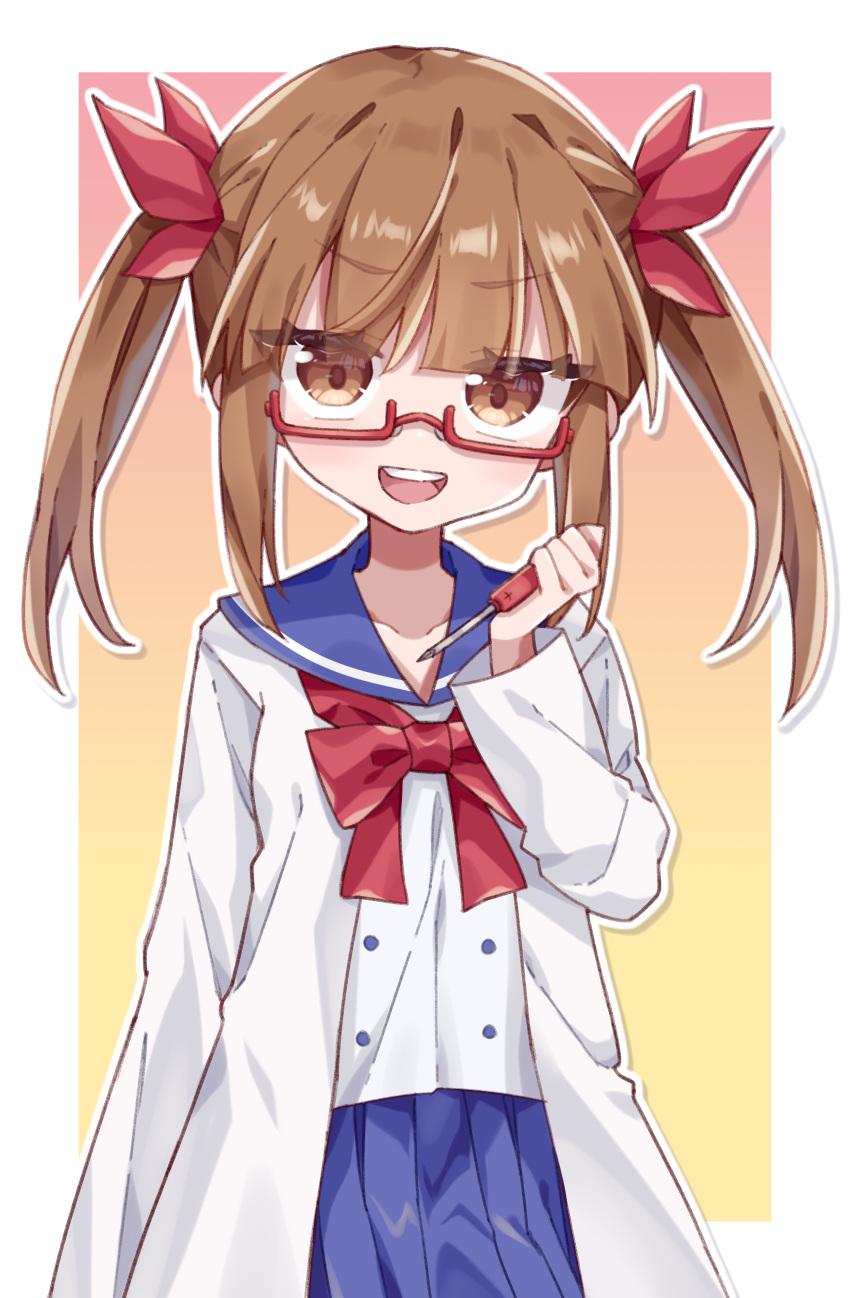 1girl :d absurdres blue_sailor_collar blue_skirt bow brown_eyes gradient_background hand_up highres holding holding_screwdriver idolmaster idolmaster_cinderella_girls ikebukuro_akiha lab_coat looking_at_viewer red-framed_eyewear red_bow sailor_collar school_uniform screwdriver semi-rimless_eyewear serafuku shiroma_renri shirt sidelocks skirt smile solo standing twintails white_shirt