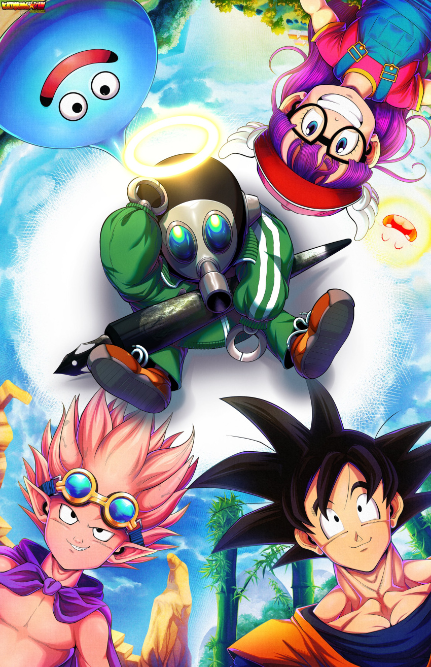 1girl 3boys absurdres artist_logo artist_name baseball_cap beelzebub_(sand_land) black_hair blue_eyes blue_overalls blue_shirt blue_skin cape colored_skin creator_connection demon dougi dr._slump dragon_ball dragon_ball_z english_commentary gas_mask goggles goggles_on_head green_jacket green_pants grin halo hat head_wings highres holding holding_pen horns jacket long_hair looking_up luxofthedawn mask medium_hair multiple_boys muscular muscular_male norimaki_arale orange_shirt overalls oversized_object pants pen pink_cape pink_hair pink_shirt pink_skin pointy_ears purple_hair robot sand_land shirt short_sleeves sleeveless sleeveless_shirt slime_(creature) slime_(dragon_quest) smile son_goku spiked_hair sun topless toriyama_akira_(character) twitter_username wings yellow_halo