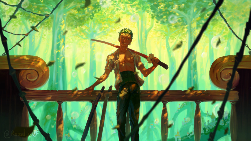 1boy absurdres against_railing artist_name blurry blurry_foreground contrapposto dappled_sunlight earrings feet_out_of_frame green_background green_hair grin haramaki head_tilt highres holding holding_sword holding_weapon inktober jewelry katana looking_at_viewer male_focus nose official_alternate_costume one_piece open_clothes open_shirt pants pectorals railing razel_v0 roronoa_zoro scenery ship shirt short_hair sleeves_rolled_up smile solo striped_clothes striped_shirt sunlight sword toned toned_male tree v-shaped_eyebrows very_short_hair watercraft watermark weapon yellow_background