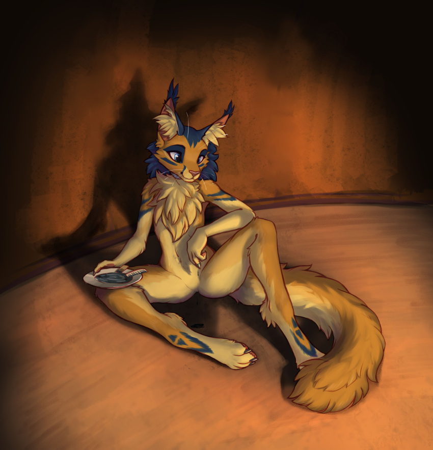 absurd_res anthro blue_eyes bodypaint chest_tuft featureless_crotch felid feline female flat_chested fur hi_res inner_ear_fluff kirillk mammal markings multicolored_body multicolored_fur simple_background solo tribal tribal_markings tuft whiskers