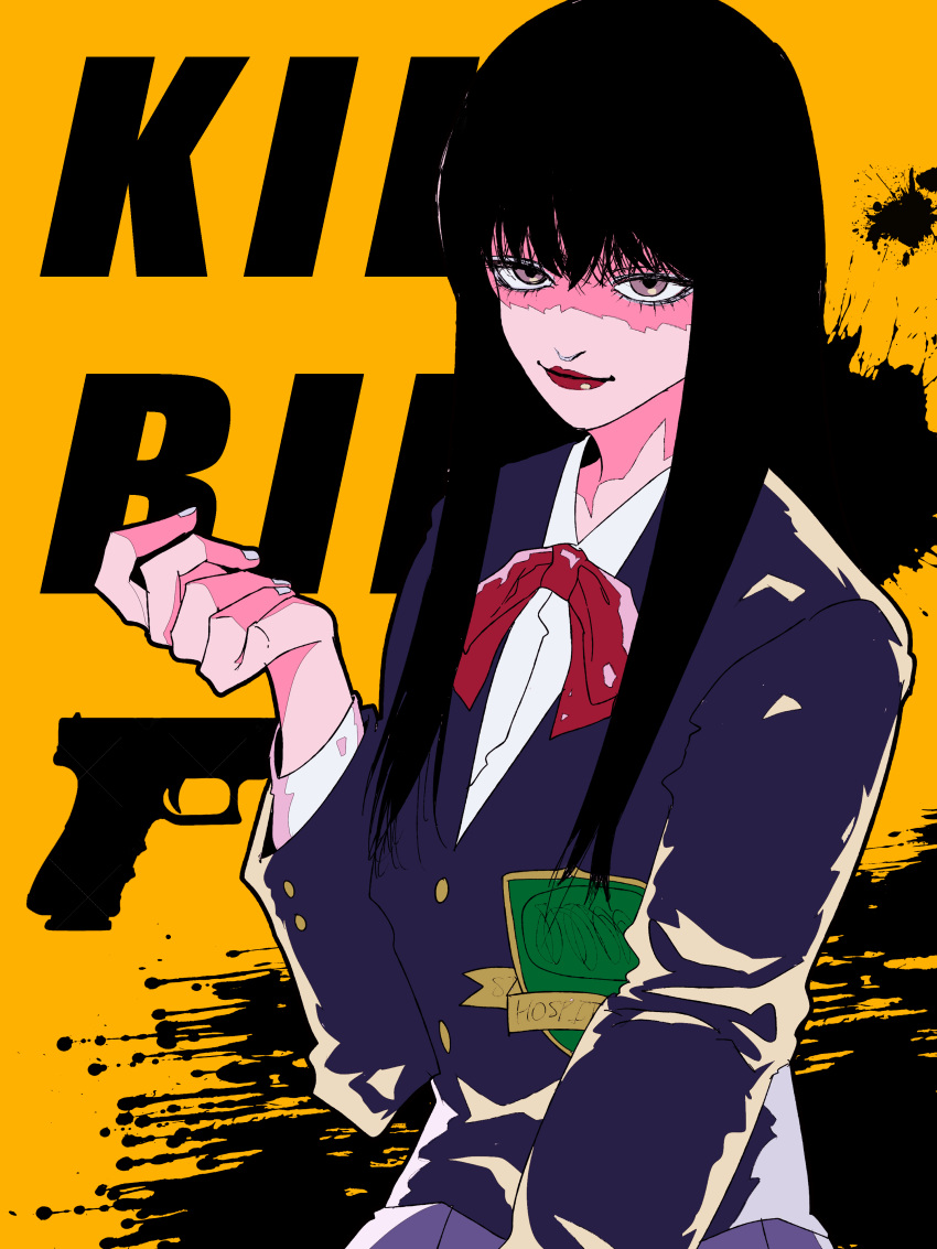 1girl absurdres arm_between_legs black_hair bow copyright_name eyelashes fingernails grey_eyes grey_skirt gun handgun highres jacket kill_bill long_hair looking_at_viewer pleated_skirt purple_jacket red_bow school_uniform shirt skirt solo splatter weapon whenever96 white_shirt yellow_background yuubari_gogo