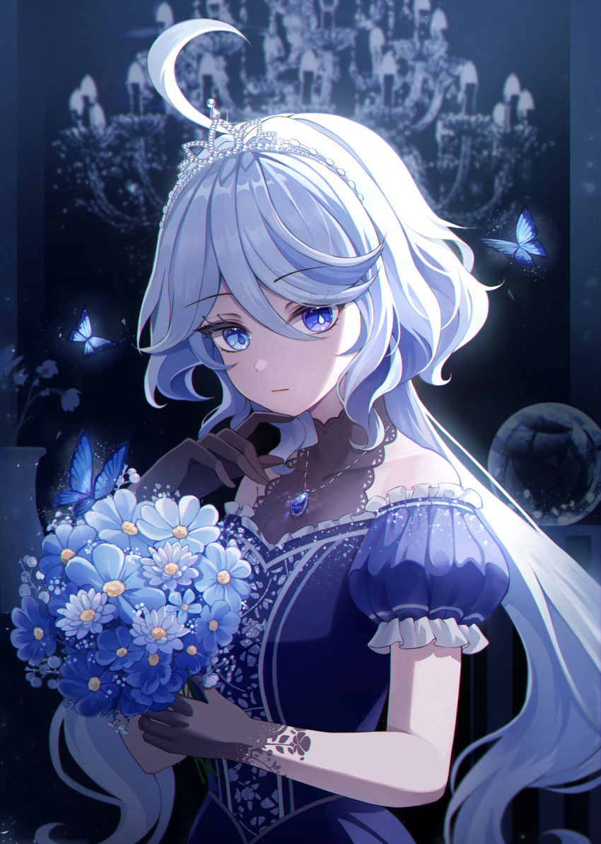 1girl ahoge black_gloves blue_dress blue_eyes blue_flower bouquet caron diadem dress floating_hair flower frilled_sleeves frills furina_(genshin_impact) genshin_impact gloves grey_hair heterochromia highres holding holding_bouquet long_hair looking_at_viewer low_twintails mismatched_pupils short_sleeves solo symbol-shaped_pupils twintails very_long_hair