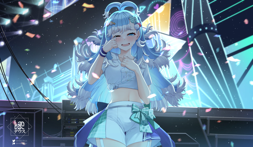 1girl artist_logo blue_eyes blue_flower blue_hair bow colored_tips commission confetti crying diagonal-striped_bow dog_hair_ornament flower green_bow hair_bow hair_ornament hand_on_own_chest heart high_ponytail highres hololive hololive_indonesia idol idol_clothes kobo_kanaeru landacdeus long_hair midriff multicolored_clothes multicolored_hair multicolored_shorts navel one_eye_closed open_mouth plaid pov pov_hands rose shirt shorts split_ponytail striped_bow tears tied_shirt two-tone_hair virtual_youtuber white_bow white_hair white_shirt white_shorts