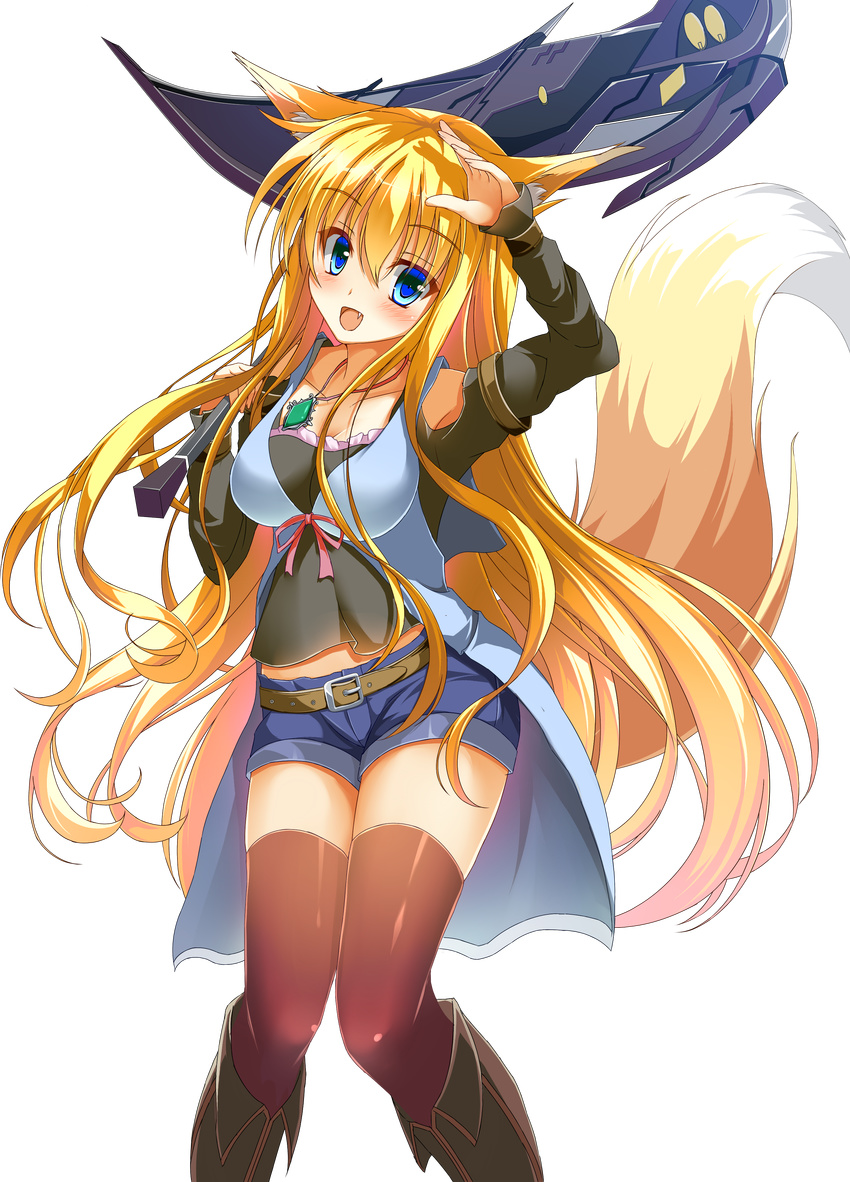 :d absurdres animal_ears arm_up axe black_legwear black_shirt blonde_hair blue_eyes blue_shorts breasts cleavage eyebrows_visible_through_hair fang floating_hair fox_ears fox_tail hair_between_eyes highres holding holding_weapon jewelry kasumi_toshizou long_hair looking_at_viewer medium_breasts necklace open_mouth original shiny shiny_clothes shirt short_shorts shorts smile solo standing tail takataka thighhighs transparent_background very_long_hair weapon
