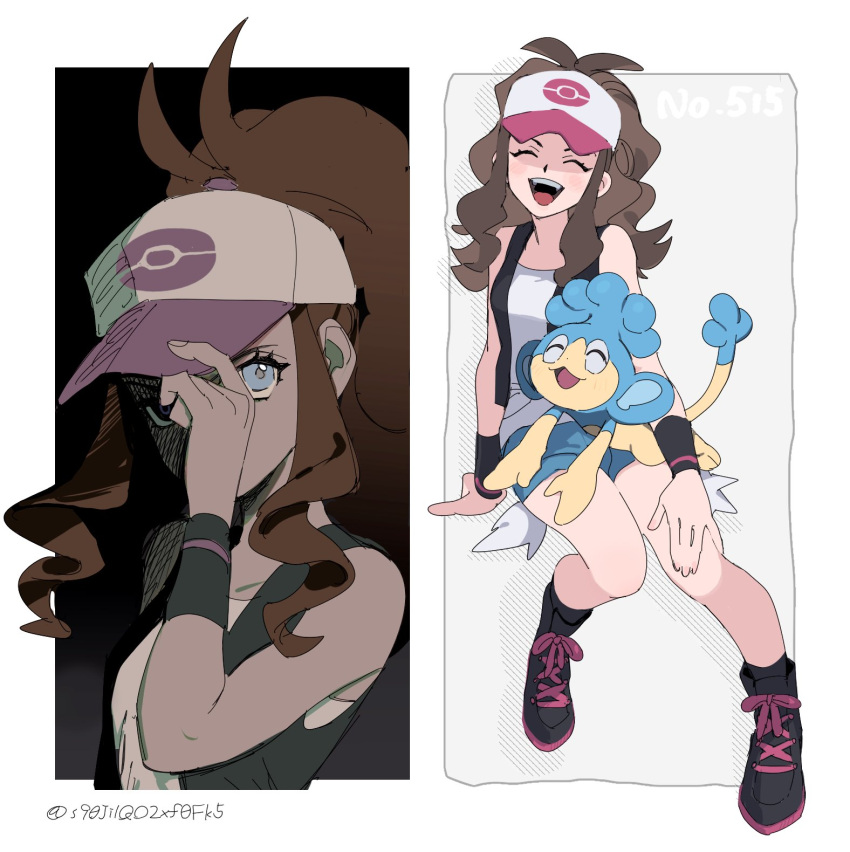 1girl :d antenna_hair baseball_cap black_footwear black_vest black_wristband boots brown_hair closed_eyes commentary_request hat highres hilda_(pokemon) long_hair miyage_no_nukegara multiple_views on_lap open_mouth panpour pokemon pokemon_(creature) pokemon_bw pokemon_on_lap shirt shorts sidelocks sleeveless sleeveless_shirt smile teeth tongue upper_teeth_only vest white_hat white_shirt