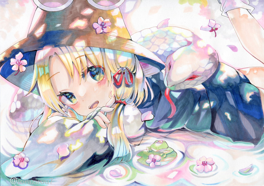 1girl blonde_hair commentary_request flower frog green_eyes highres lily_pad looking_at_viewer lying medium_hair mishaguji moriya_suwako on_stomach pink_flower purple_skirt sidelocks skirt snake socks torajirou_(toraneko_zirou) touhou white_snake white_socks