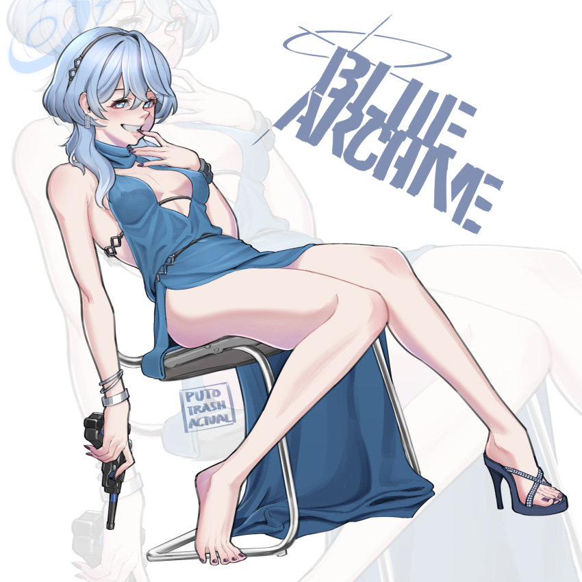 1girl ako_(blue_archive) ako_(dress)_(blue_archive) blue_archive blue_eyes blue_hair bracelet breasts chair commentary copyright_name dress dutch_angle earrings english_commentary evening_gown full_body grin gun halo handgun high_heels highres holding holding_gun holding_weapon jewelry luger_p08 medium_breasts medium_hair nail_polish plunging_neckline puto_trash shoes signature single_shoe sitting smile solo toenail_polish toenails weapon zoom_layer