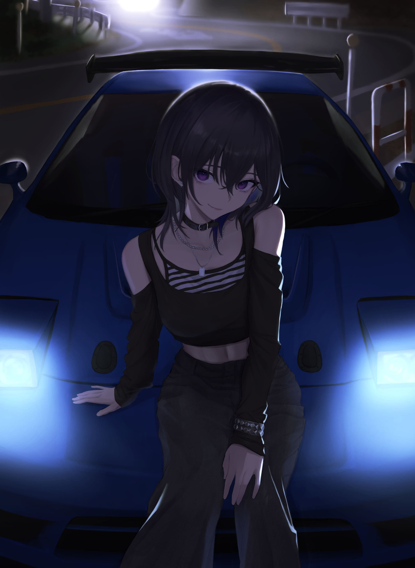 absurdres alternate_costume animal_ears aruto_araragi bare_shoulders black_camisole black_collar black_hair black_pants black_tank_top blue_hair bracelet camisole car chain_necklace collar colored_inner_hair detached_sleeves dog_tags ear_piercing grey_hair hair_between_eyes head_tilt highres honda_nsx ichinose_uruha jewelry light_smile long_sleeves midriff motor_vehicle multicolored_hair navel necklace night pants piercing purple_eyes road sitting sitting_on_car sports_car streaked_hair street striped_camisole tank_top virtual_youtuber vspo! white_camisole