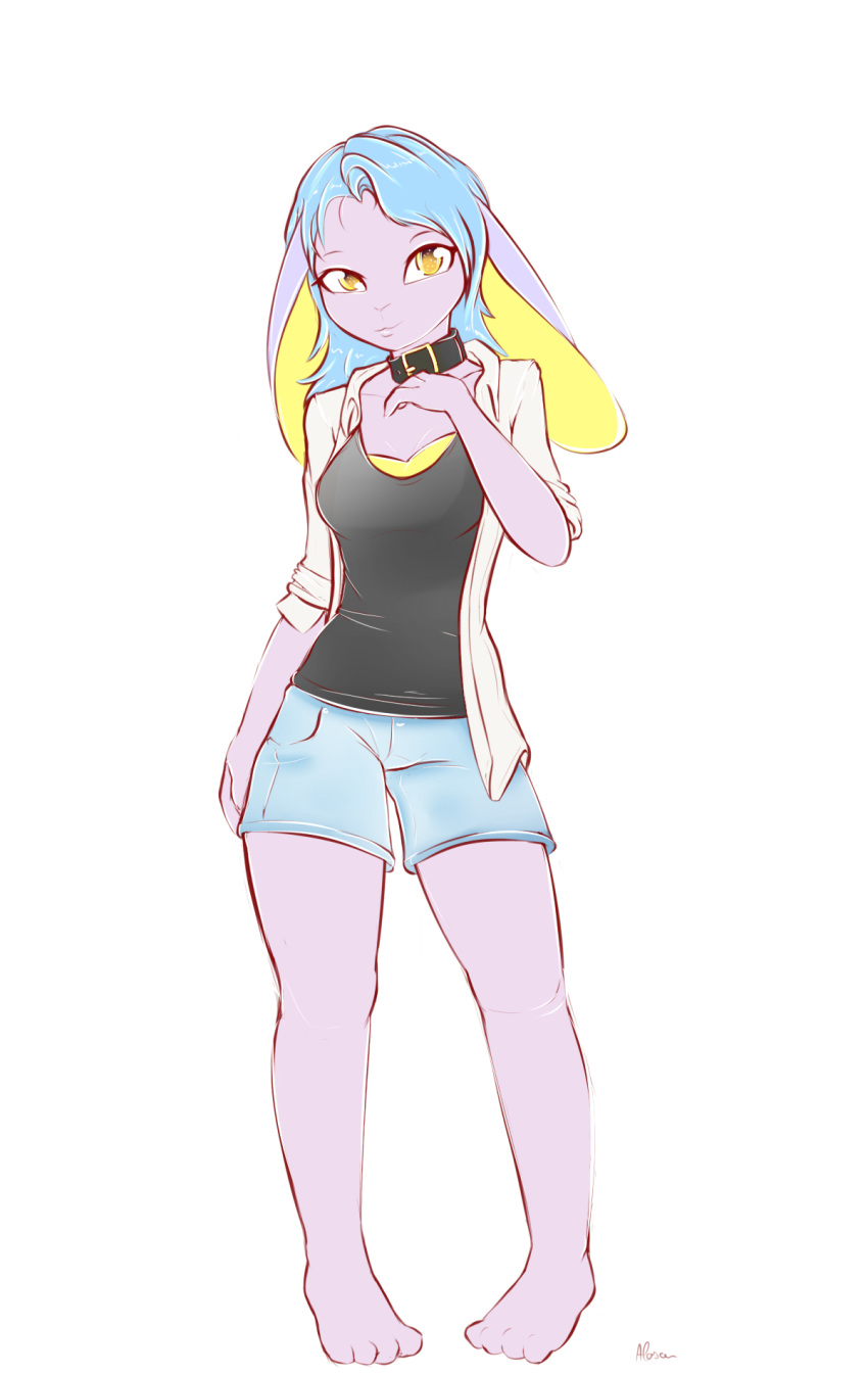 2019 4_toes alasou anthro barefoot blue_hair breasts clothed clothing collar digital_media_(artwork) female hair lagomorph looking_at_viewer mammal rabbit simple_background solo standing toes yellow_eyes