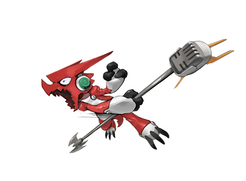 absurdres bolt colored_skin digimon digimon_(creature) dilated_pupils dragon fins head_fins headphones highres holding holding_microphone kurosoi7 microphone open_mouth red_skin shoutmon simple_background solo swinging white_background