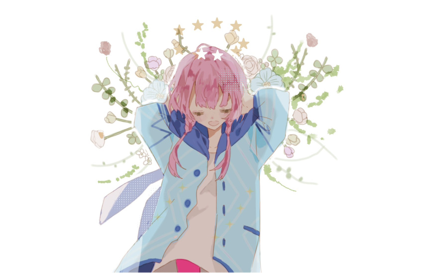 1girl blue_jacket braid closed_eyes dress flower highres hood hooded_jacket jacket kaf_(kamitsubaki_studio) kamitsubaki_studio long_hair low_twin_braids open_clothes open_jacket open_mouth pantyhose pink_hair pink_pantyhose solo srm_(surumenosurume) star_(symbol) twin_braids virtual_youtuber