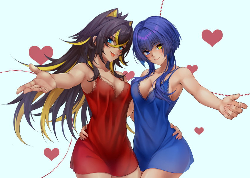 2girls :d arm_around_waist armpits babydoll bare_shoulders black_hair blonde_hair blue_babydoll blue_eyes blue_hair blush breasts candace_(genshin_impact) cleavage collarbone dark-skinned_female dark_skin dehya_(genshin_impact) genshin_impact hair_between_eyes hair_ears heart heterochromia highres ianzky lingerie long_hair looking_at_viewer medium_breasts multicolored_hair multiple_girls outstretched_arms red_babydoll short_hair_with_long_locks smile two-tone_hair underwear yellow_eyes