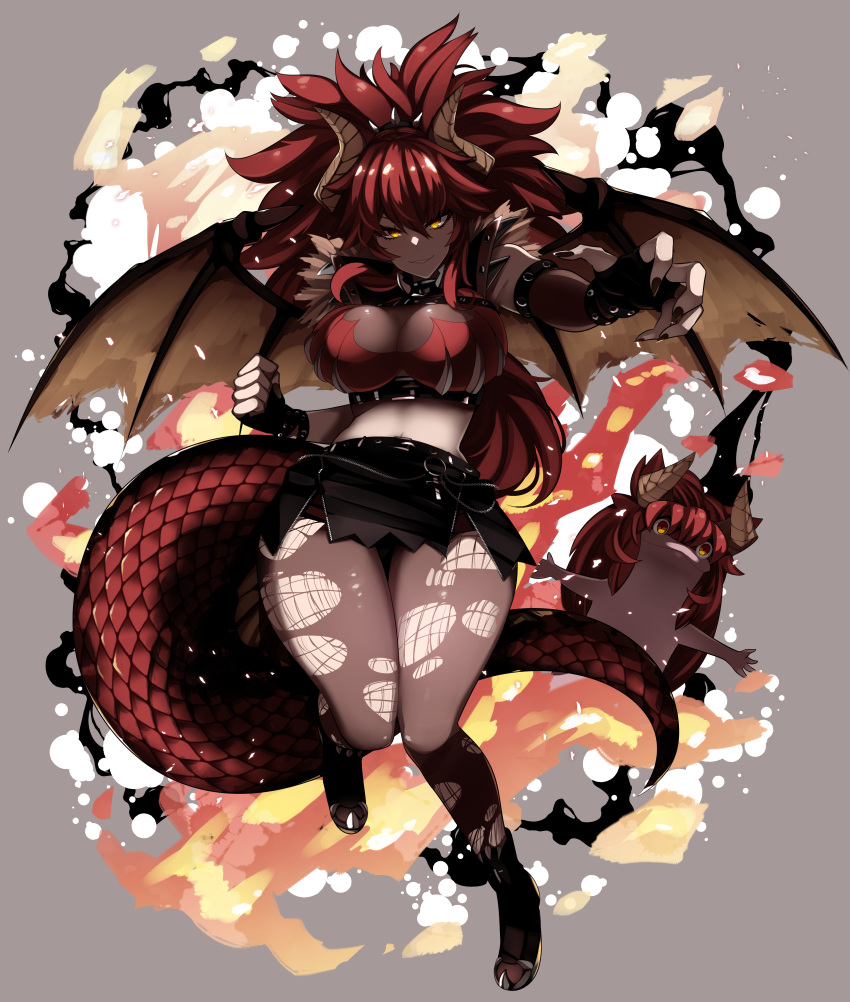 1girl absurdres akagi_(sk0127aho) black_footwear black_gloves black_nails black_skirt boots breasts cropped_shirt dragon_girl dragon_horns dragon_tail dragon_wings elbow_gloves fingerless_gloves gecko_zen gloves highres horns large_breasts long_hair looking_at_viewer nail_polish red_hair red_shirt shirt skirt tail thighhighs torn_clothes torn_thighhighs virtual_youtuber vshojo wings yellow_eyes zentreya zentreya_(dragon) zentreya_(dragon)_(1st_costume)