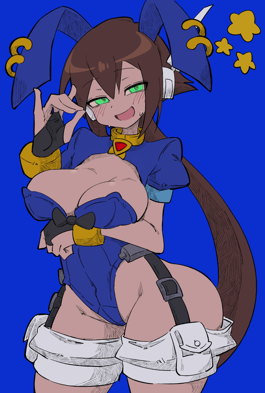 1girl absurdres adapted_costume aile_(mega_man_zx) animal_ears arm_under_breasts blue_background blue_leotard blush breasts brown_hair buzzlyears cleavage covered_navel cropped_jacket fake_animal_ears glowing glowing_eyes green_eyes highleg highleg_leotard highres large_breasts leotard long_hair mega_man_(series) mega_man_zx mega_man_zx_advent playboy_bunny ponytail rabbit_ears revealing_clothes robot_ears short_sleeves simple_background solo star_(symbol)