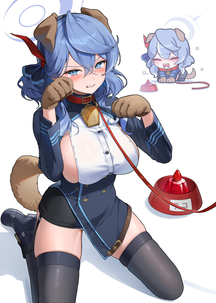 1girl absurdres ako_(blue_archive) animal_collar animal_ears animal_hands bell black_footwear black_skirt black_thighhighs blue_archive blue_eyes blue_hair blue_halo blush breasts closed_eyes collar dog_ears dog_paws dog_tail food fruit gloves hair_between_eyes halo highres jeon-eo_konoshiro large_breasts long_hair long_sleeves multiple_views neck_bell open_mouth paw_gloves shirt shoes sideboob simple_background skirt strawberry tail thighhighs white_background white_shirt