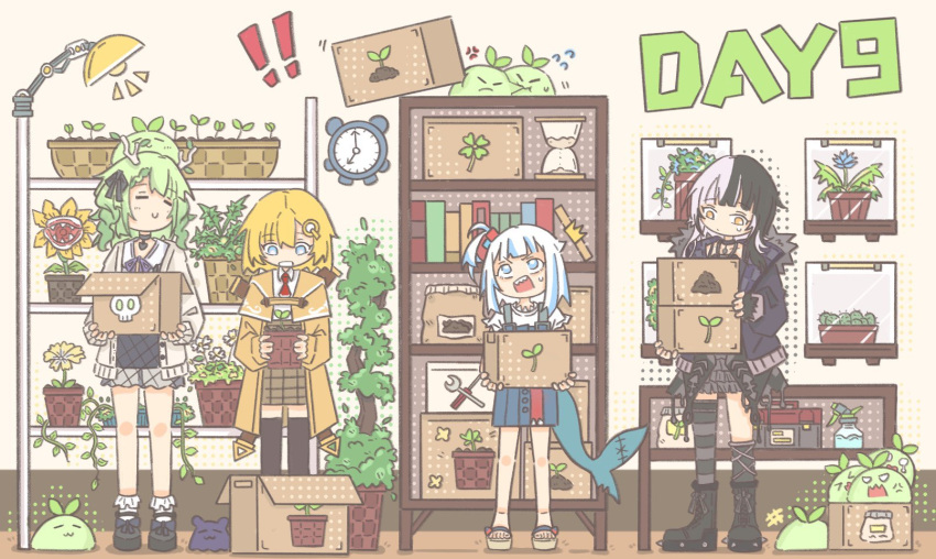 4girls antlers black_choker black_coat black_hair black_thighhighs blonde_hair blue_eyes book boots bottle box brown_coat caimu6 cardboard_box cardigan ceres_fauna ceres_fauna_(jirai_kei) choker clock closed_eyes coat collared_shirt cross-laced_footwear dress fins fish_tail flower fur-trimmed_coat fur_trim gawr_gura gawr_gura_(casual) green_hair grey_hair hair_ribbon heart heart_choker high_heel_boots high_heels highres holding holding_box holding_plant hololive hololive_english horns hourglass lace-up_boots lamp layered_dress looking_down looking_up multicolored_hair multiple_girls necktie open_cardigan open_clothes overskirt plaid plaid_skirt plant platform_footwear platform_heels potted_plant purple_ribbon red_necktie ribbon sandals sapling_(ceres_fauna) shark_girl shark_tail sharp_teeth shelf shiori_novella shiori_novella_(1st_costume) shirt short_necktie side_ponytail skirt skirt_set smile split-color_hair spray_bottle standing streaked_hair surprised tail takodachi_(ninomae_ina'nis) teeth thighhighs watson_amelia watson_amelia_(1st_costume) white_cardigan white_hair white_shirt worried yellow_eyes yellow_flower zettai_ryouiki