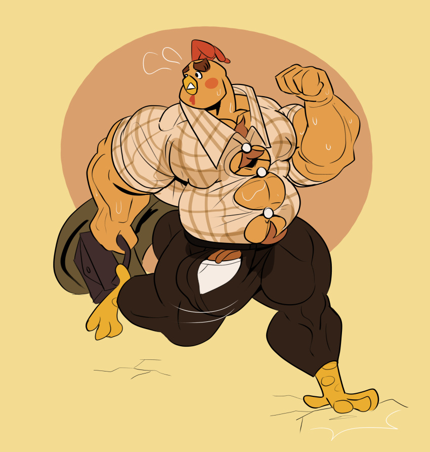 abs absurd_res anthro avian big_bulge big_muscles big_pecs big_penis bird blush bodily_fluids body_hair bottomwear buck_cluck bulge chest_hair chicken chicken_little_(2005) clothing cracked_ground detailed_bulge disney galliform gallus_(genus) genital_outline genitals hair hi_res huge_muscles male musclegut muscular muscular_anthro muscular_male nipples office_clothing orange_body pants pecs penis penis_outline phasianid pubes running simple_background solo sweat torn_bottomwear torn_clothing torn_pants underwear vaniwall vein veiny_penis