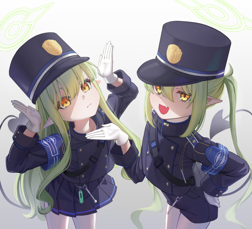 2girls armband bag black_bag blue_archive blue_armband buttons demon_tail double-breasted fang from_above frown gloves gradient_background green_hair green_halo hair_between_eyes halo hand_on_own_hip hand_up hands_up hat highlander_sidelocks_conductor_(blue_archive) highlander_twintails_conductor_(blue_archive) highres jacket kepi long_hair long_long_life looking_at_viewer military_hat multiple_girls pantyhose pleated_skirt pointy_ears purple_hat purple_jacket purple_shorts purple_skirt short_shorts shorts shoulder_bag siblings sidelocks simple_background skin_fang skirt smile tail twins twintails v-shaped_eyebrows very_long_hair white_gloves white_pantyhose yellow_eyes