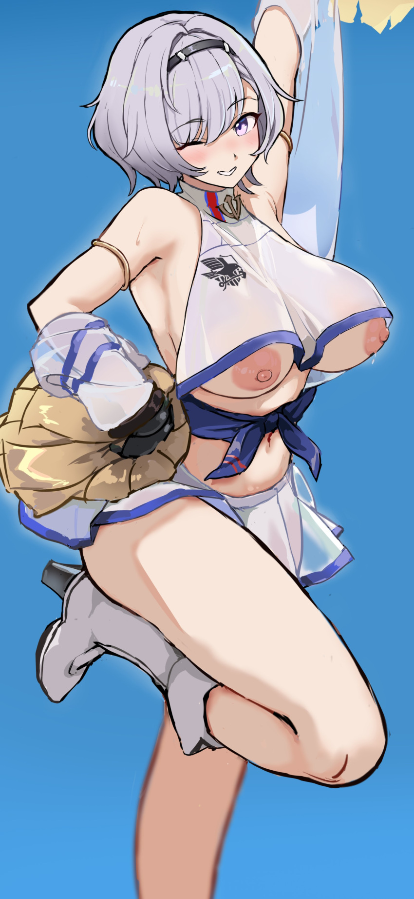 1girl absurdres anchor_symbol arm_strap arm_up azur_lane bare_shoulders black_hairband blue_background blush boots breasts cheerleader crop_top eagle_union_(emblem) grey_hair hair_between_eyes hairband high_heel_boots high_heels highres holding holding_pom_poms knee_boots large_breasts looking_at_viewer navel nipples no_bra nose_blush official_alternate_costume one_eye_closed pom_pom_(cheerleading) purple_eyes purple_sash reno_(azur_lane) reno_(biggest_little_cheerleader)_(azur_lane) ry_(mmm_st_bbb2) sash see-through see-through_shirt see-through_skirt see-through_sleeves shirt short_hair sidelocks simple_background skirt sleeveless smile solo standing standing_on_one_leg stomach sweat white_footwear white_shirt white_skirt