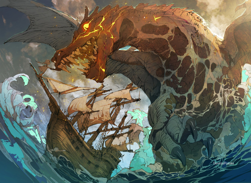 1girl anchor artist_name claws cloud commentary_request day demizu_posuka dragon glowing glowing_eyes ocean original outdoors sail scenery sharp_teeth ship sky teeth very_wide_shot water watercraft waves western_dragon yellow_eyes