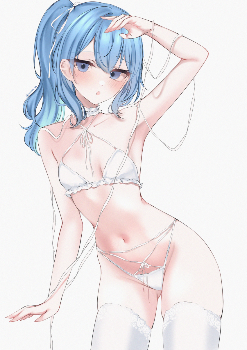 1girl acedia arm_up ass_visible_through_thighs blue_eyes blue_hair bra breasts choker contrapposto criss-cross_halter flat_chest grey_background hair_ribbon halterneck heart heart_in_eye highres holding holding_ribbon hololive hoshimachi_suisei lace-trimmed_thighhighs long_hair looking_at_viewer midriff navel official_alternate_hair_length official_alternate_hairstyle open_mouth panties ribbon side_ponytail simple_background small_breasts solo string_panties symbol_in_eye thighhighs twitter_username underwear virtual_youtuber white_bra white_panties white_thighhighs