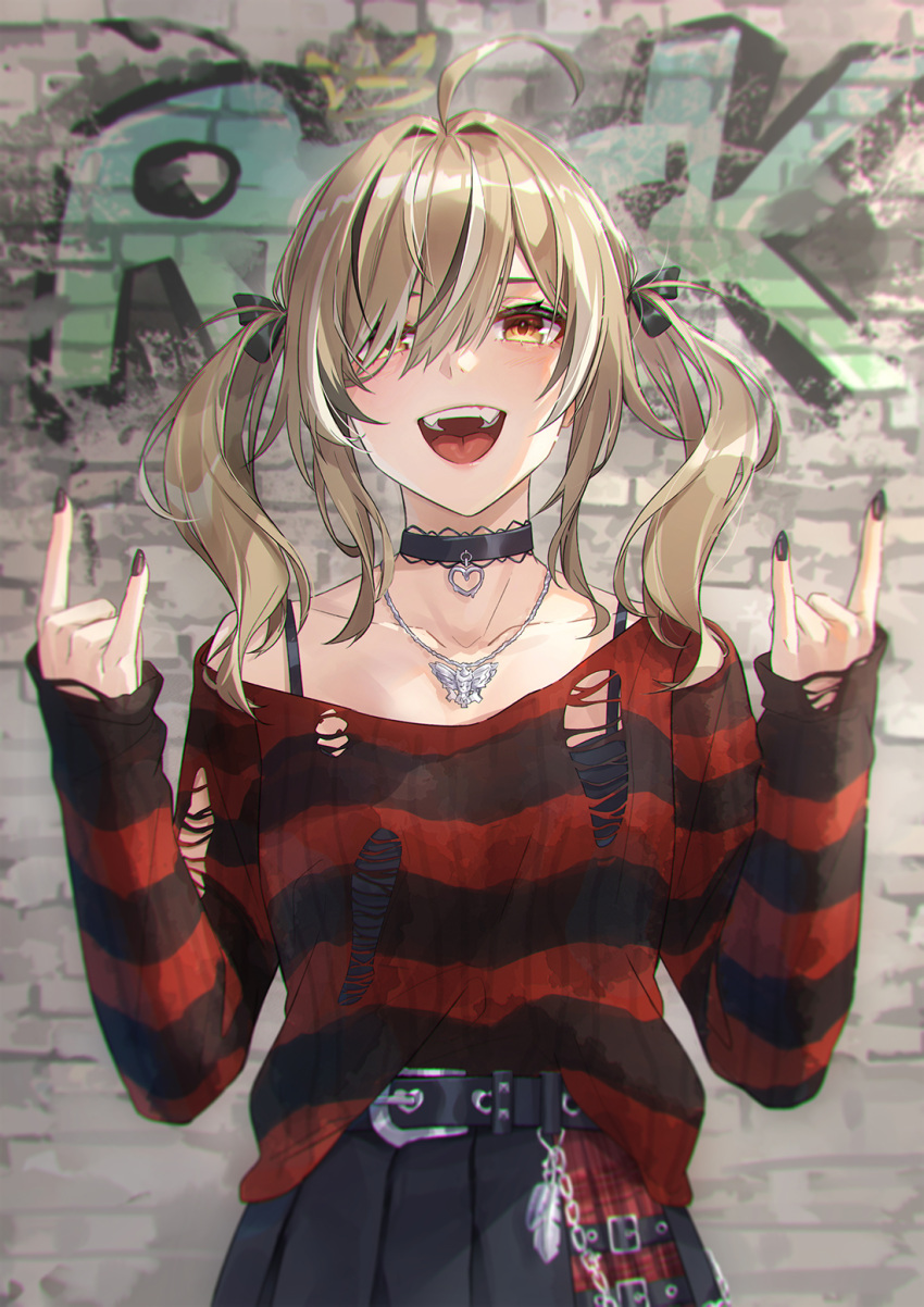 1girl :d \n/ ahoge belt belt_chain black_choker black_nails black_ribbon black_skirt black_sweater brown_eyes brown_hair chain_necklace choker double_\n/ emo_fashion feathers graffiti hair_over_one_eye hair_ribbon heart heart_choker highres hololive hololive_english huge_ahoge jewelry lace-trimmed_choker lace_trim looking_at_viewer multicolored_hair nanashi_mumei nanashi_mumei_(emo) necklace plaid plaid_skirt pleated_skirt red_skirt red_sweater ribbon skirt smile stone_wall streaked_hair striped_clothes striped_sweater sweater sweater_partially_tucked_in teeth tight_(ohmygod) torn_clothes torn_sweater twintails two-tone_sweater upper_teeth_only virtual_youtuber