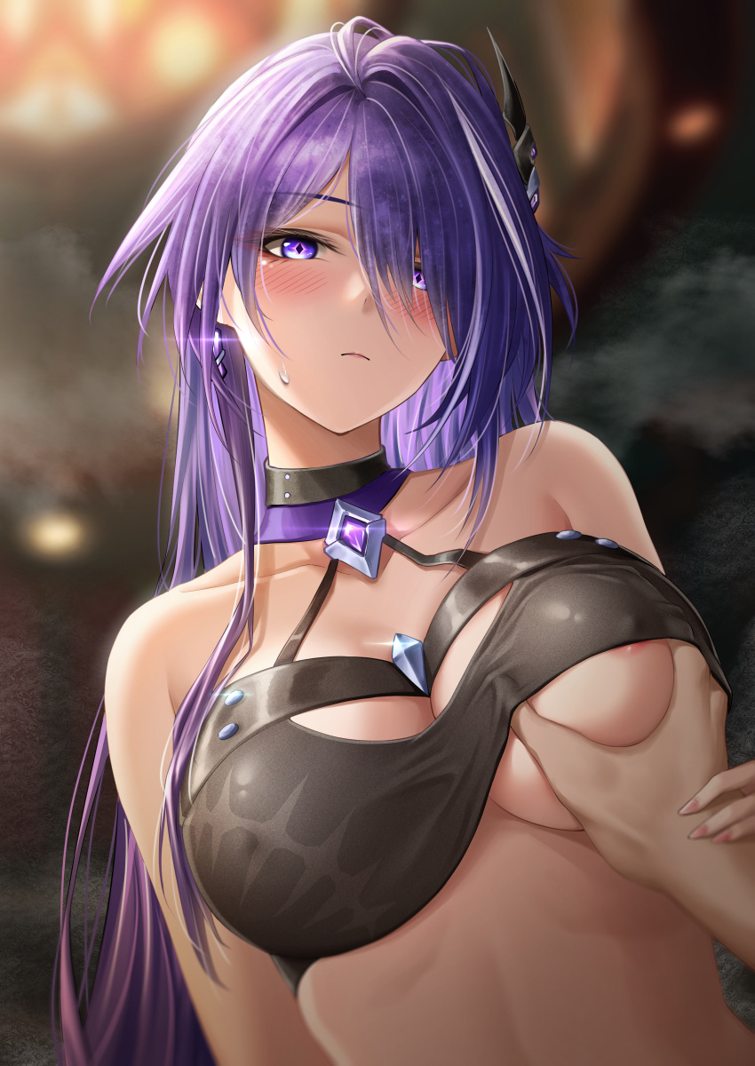 1girl 1other absurdres acheron_(honkai:_star_rail) areola_slip bare_shoulders black_choker blush breasts choker cleavage commentary_request grabbing grabbing_another's_breast hair_ornament halterneck highres honkai:_star_rail honkai_(series) long_hair looking_at_viewer multicolored_hair purple_eyes purple_hair royboy solo_focus stomach streaked_hair upper_body very_long_hair white_hair