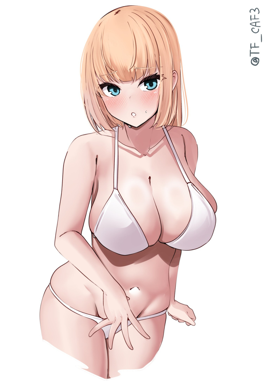 1girl alternate_costume bare_shoulders bikini blonde_hair blue_eyes breasts cleavage collarbone commentary_request cowboy_shot cropped_legs groin highres kantai_collection large_breasts looking_at_viewer medium_hair navel one-hour_drawing_challenge parted_lips rodney_(kancolle) simple_background solo swimsuit tf_cafe twitter_username white_background white_bikini
