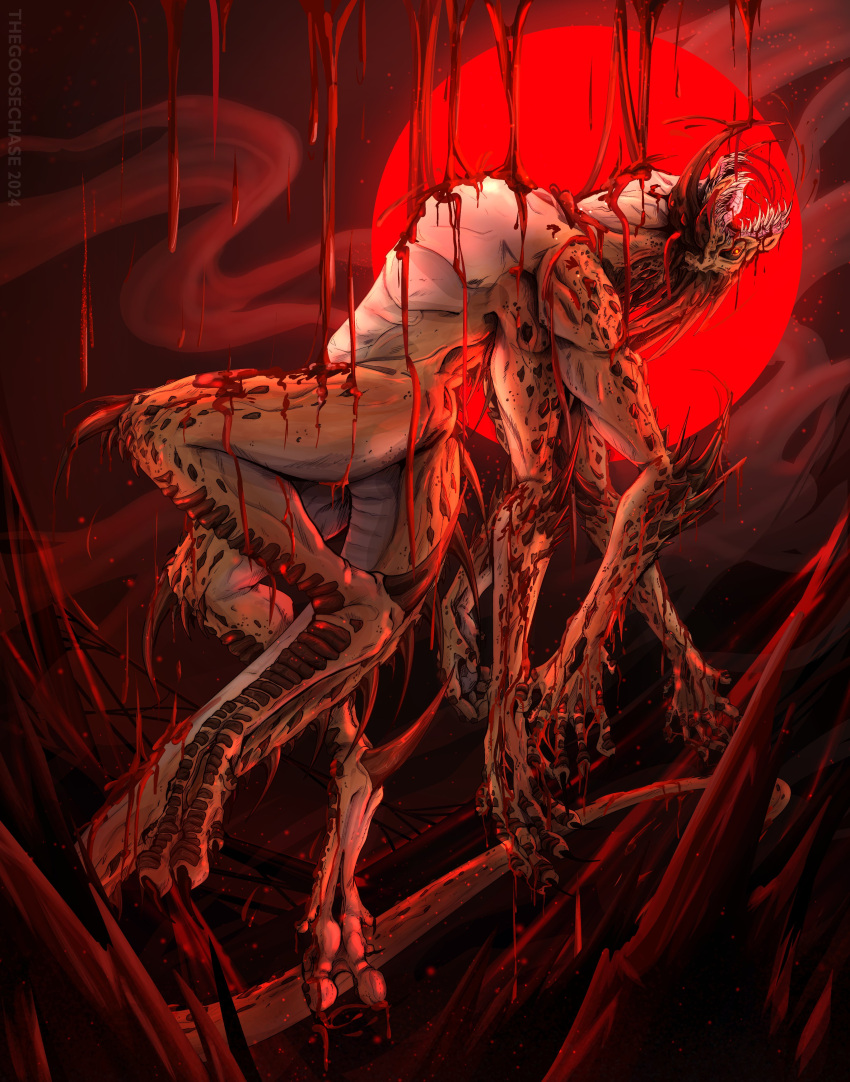 absurd_res ambiguous_gender anthro baldur's_gate baldur's_gate_3 bioware biped blood blood_on_face bodily_fluids claws detailed_background digital_media_(artwork) digitigrade dungeons_and_dragons electronic_arts floating gore hasbro hi_res horn monster multi_limb nude open_mouth scales sharp_teeth side_view slayer_(baldur's_gate) solo spikes spikes_(anatomy) tail teeth the_dark_urge_(baldur's_gate) thegoosechase tongue wizards_of_the_coast